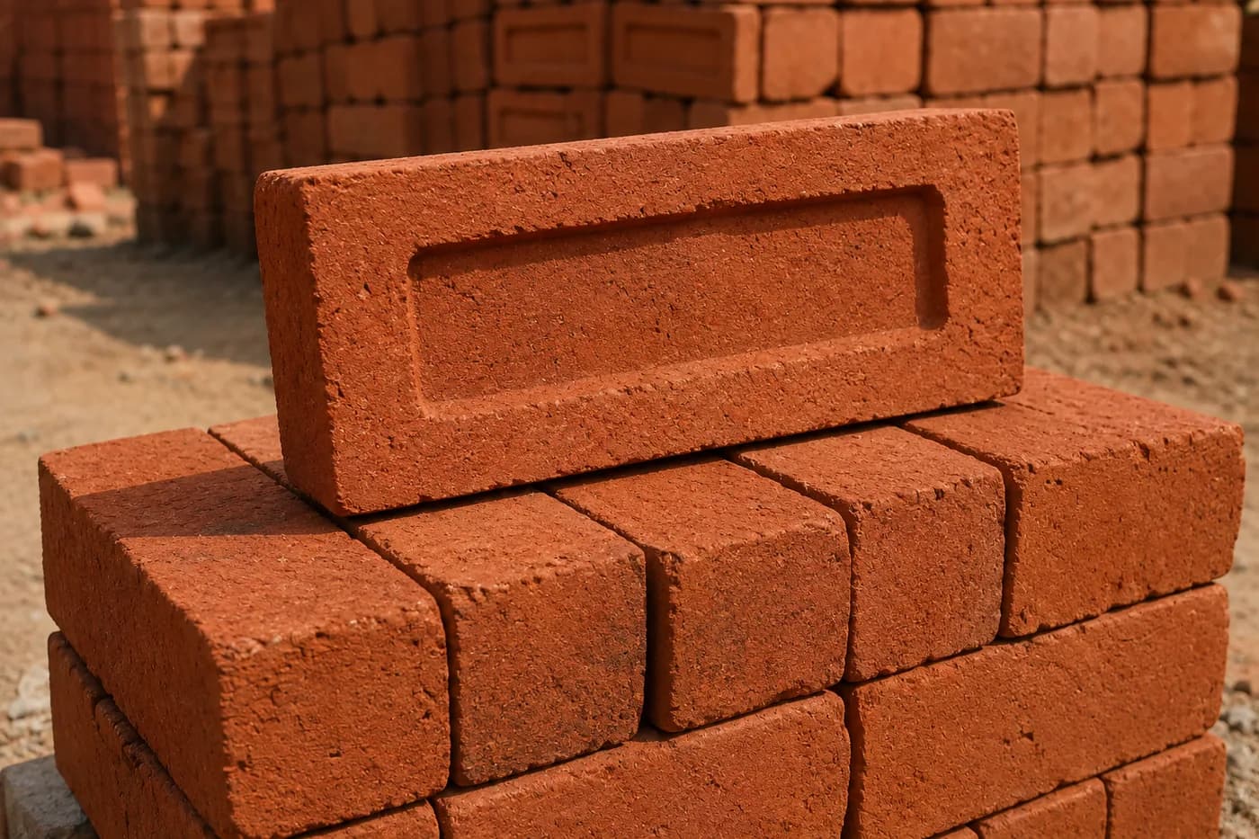 Traditional red clay bricks stacked for comparison